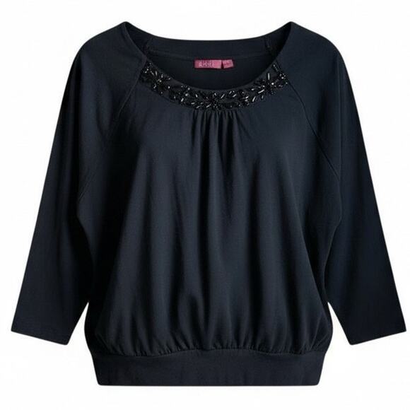 Elle Tops - Black Elle Embellished Scoop Neck Blouse Women Size XL 3/4 Sleeve Dressy Top